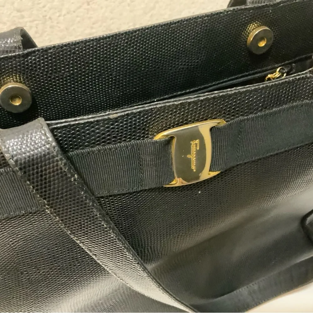 Vintage Salvatore Ferragamo Tote Bag Embossed Leather Black  Authentic